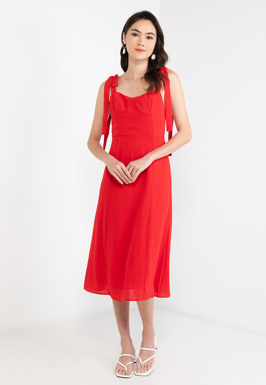 Tie Shoulder Flare Midi Dress