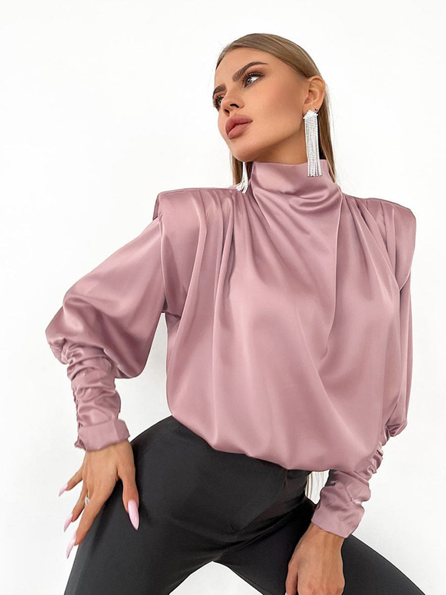 Satin  long sleeve desig Casual Style High-collar Shirt