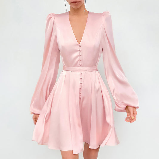 Satin V-neck Lantern Sleeve Dress