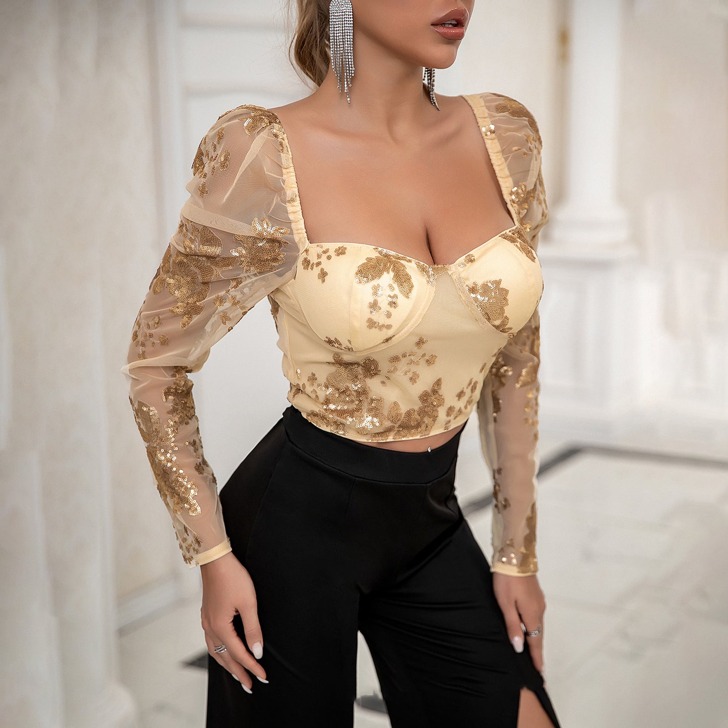 Square Collar Wrapped Chest Retro Elegant Style Top