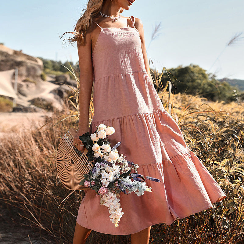 Solid Halter Backless Sexy Pink Midi Dress