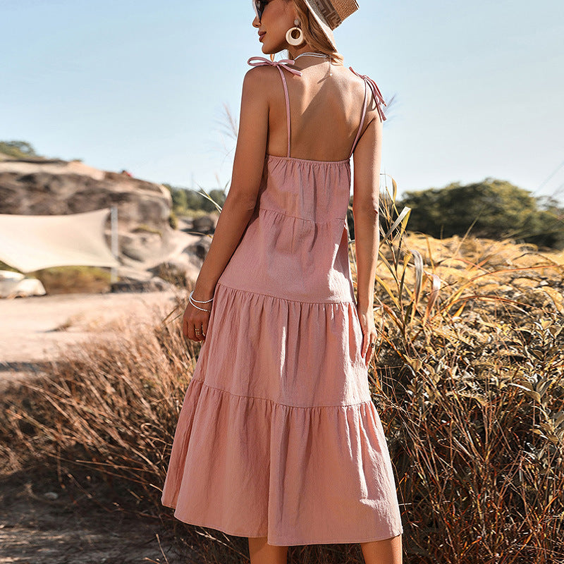 Solid Halter Backless Sexy Pink Midi Dress