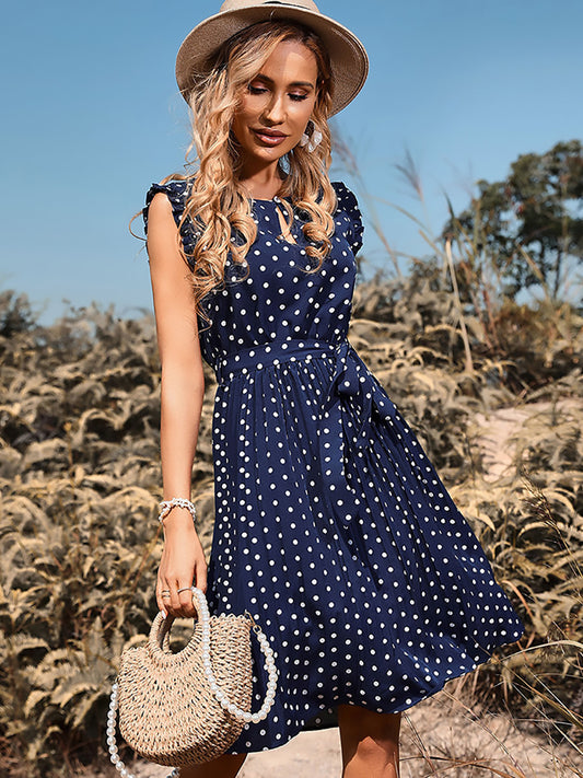 Round Neck Sleeveless Polka-dot Dress