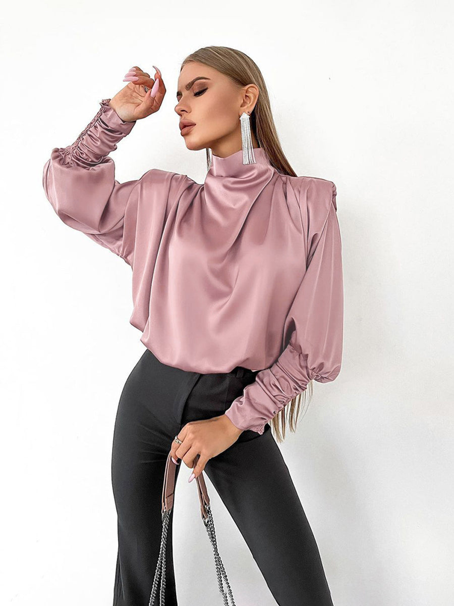 Satin  long sleeve desig Casual Style High-collar Shirt